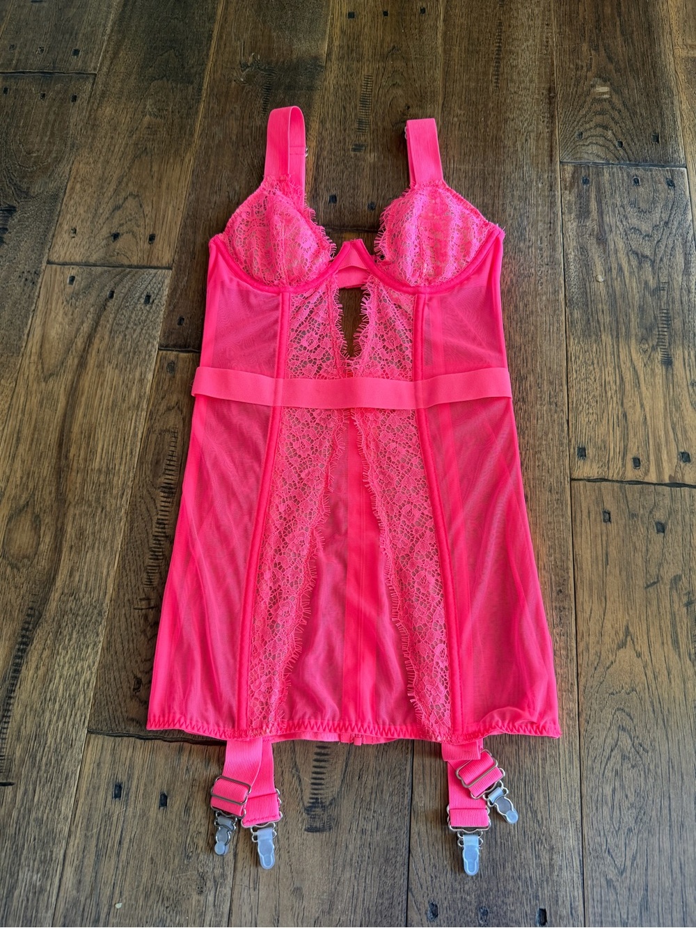 Victoria's Secret Hot Pink Lace & Mesh Chemise with Garter Straps